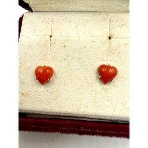 14K Yellow Gold Natural Coral Heart Stud Earrings Vintage Dainty Romantic Gift